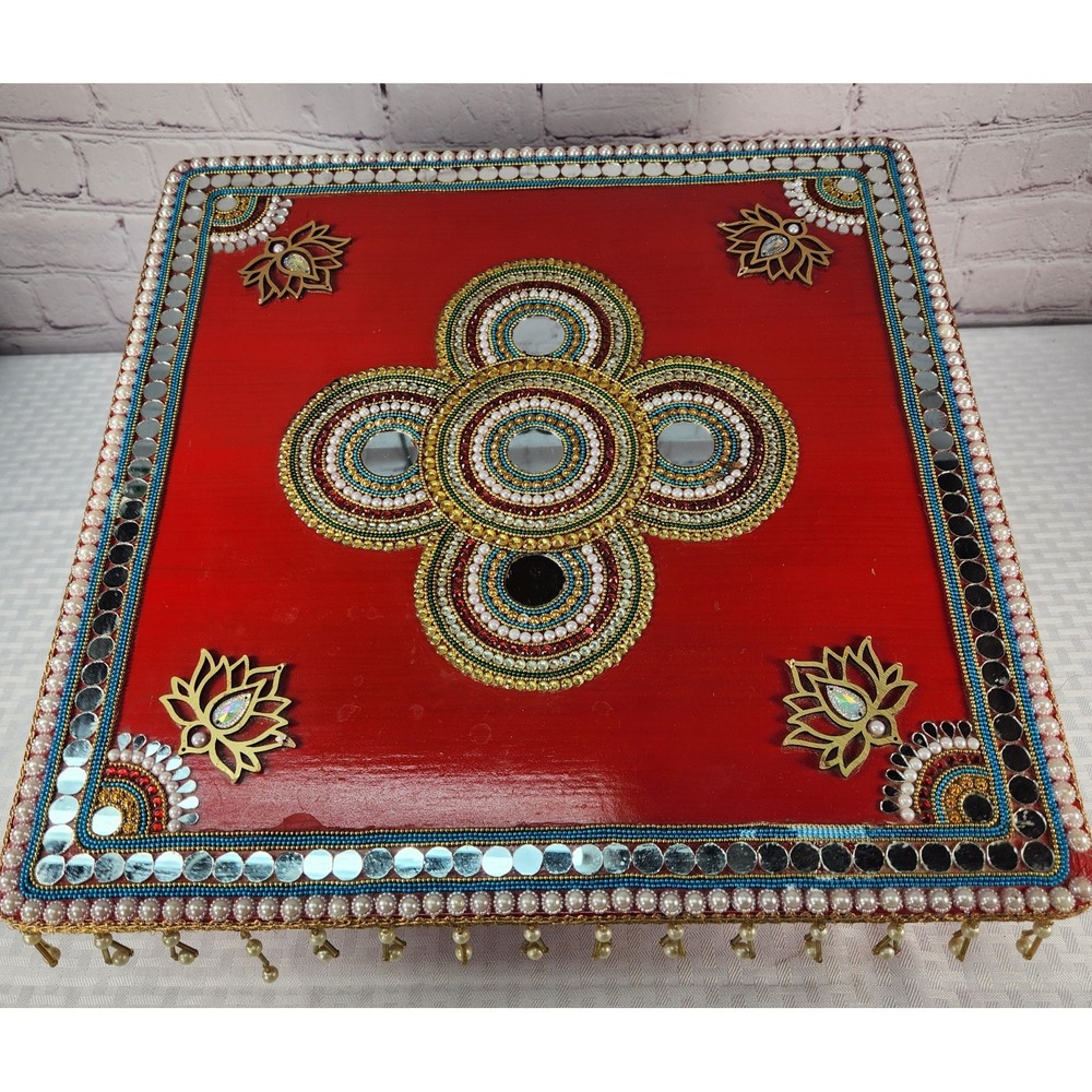 Stool India Wooden Chowki Bajot Handmade Mosaic Mirrored‎ Pieces Pearl Accents